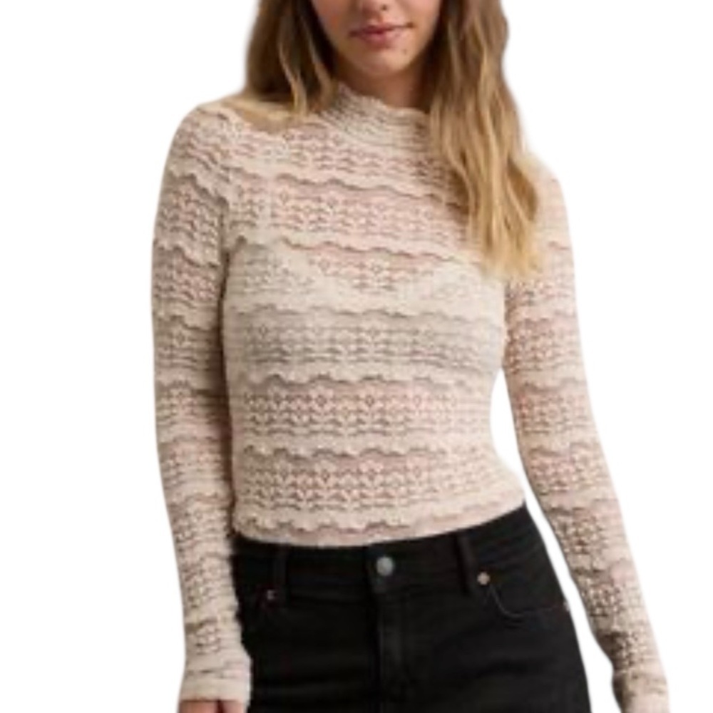 Zara Women’s Blush Cream Lace Long-Sleeve Mock Neck Top M